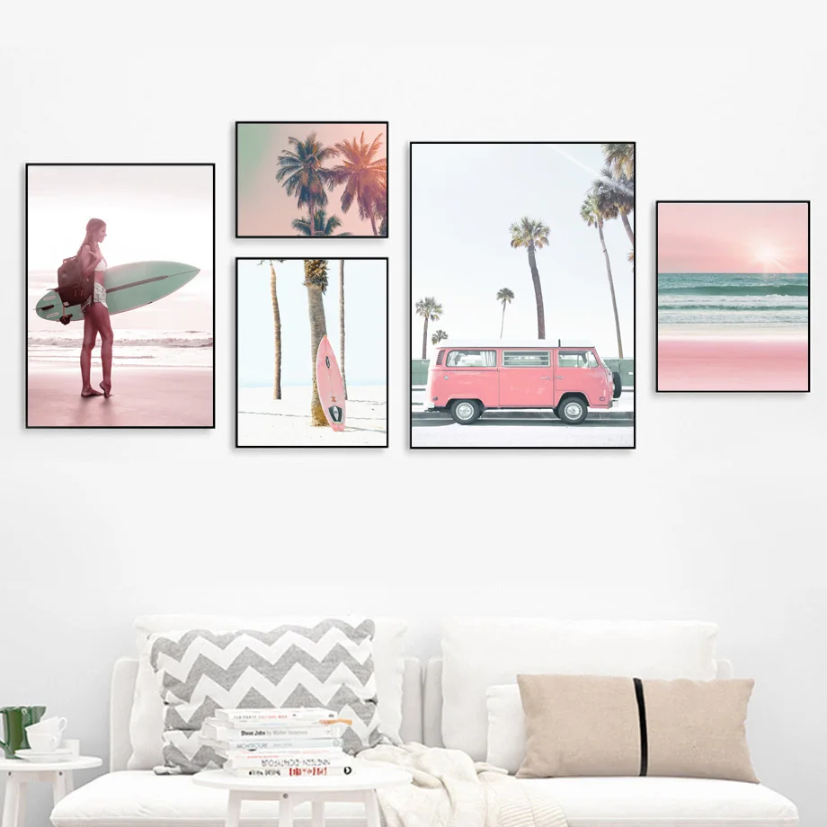 Pink Beach Palm Tree Car Girl Surfboard Wall Art Canvas Painting Nordic Posters And Prints Wall Pictures For Living Room Decor
