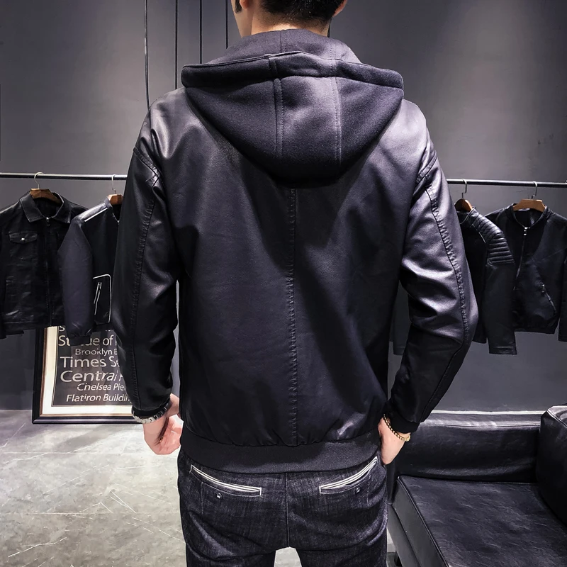 Gzdeerax Hooded Mens Jackets Luxury Pu Leather Add Padding Mens Jackets And Coats Solid Color Slim Fit Male Coats Plus Size 5XL