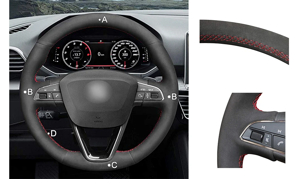 Черный красный замшевый чехол рулевого колеса автомобиля для Seat Leon Arona Ateca Alhambra 5F Mk3 Ibiza 6J Tarraco Alhambra
