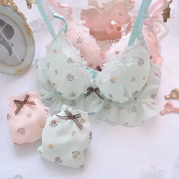 

Women Chiffon Embroidery Underwear Suit Japanese Sweet Small fresh Cute Deep V Girls Underwear Cartoon Print Bra & Panties Set