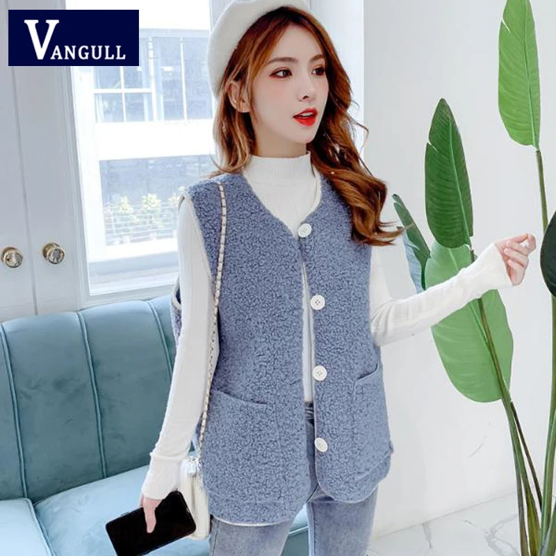 Blue Vangull жилет из искусственного меха, женский осенне-зимний теплый корейский жилет с имитацией овечьей шерсти, модный короткий жилет без рукавов с мехом, жилет - Цвет: Blue