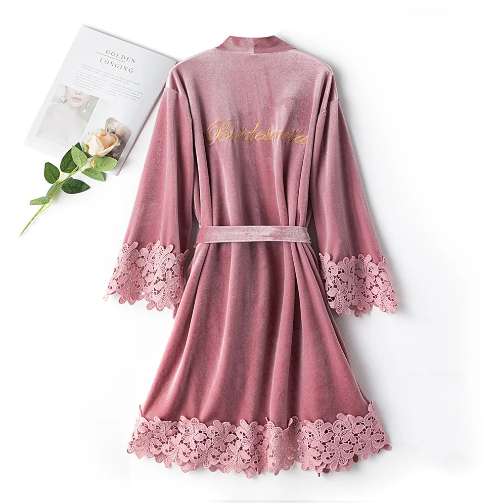 Embroidery Velour Lace Kimono Bathrobe Gown Letter Bride Bridesmaid Wedding Robe Sexy Sleepwear Intimate Lingerie Nightwear