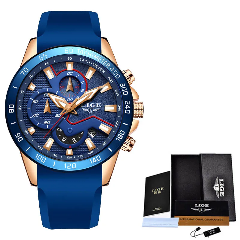 Rose gold blue LIGE люксовый бренд для мужчин модные спортивные часы для мужчин s кожа Водонепроницаемый Кварцевые наручные часы мужской Дата Часы Relogio Masculino - Цвет: Rose gold blue