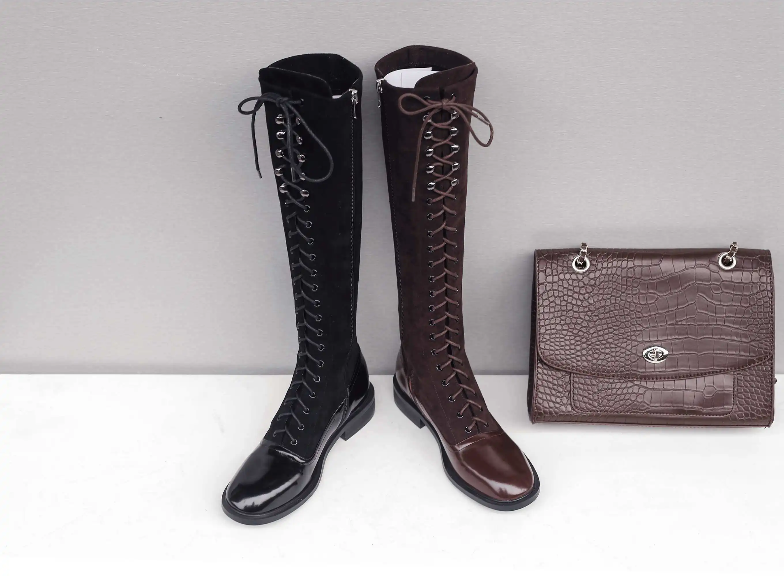 Bottes femme new winter shoes women's riding boots cow leather patchwork flock handsome British lace up rivets knee-high boots