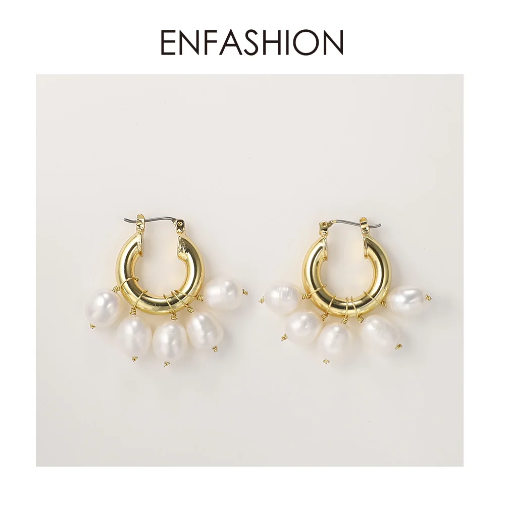 ENFASHION, серьги-кольца с натуральным жемчугом для женщин, золотого цвета, милые маленькие круглые обручи, серьги, модные ювелирные изделия Oorbellen E191117
