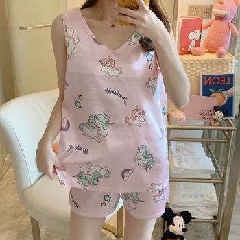 

Pajamas Summer Viscose Sleeveless V-Neck Set Female Thin Home Wear Imitated Silk Fabric Cute Cartoon