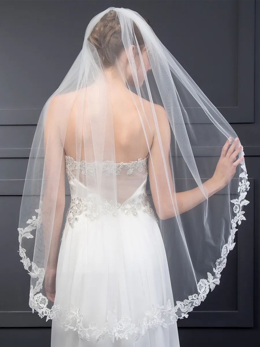 Tanpell Stunning Appliques Wedding Veil Ivory One-Layer Tulle Short Wedding Veil