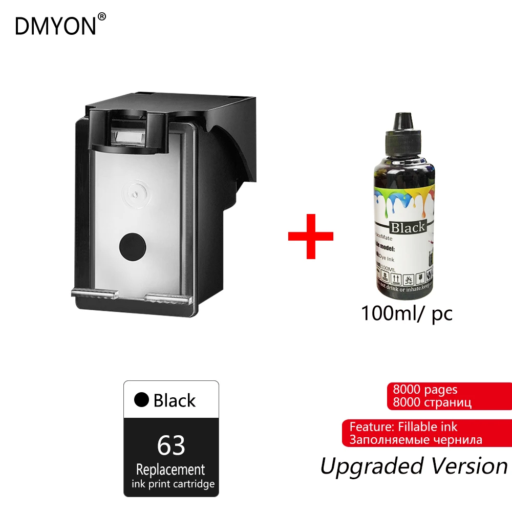 Black DMYON 63XL чернильный картридж Замена для Hp 63 для Officejet 3833 5255 5258 4520 4650 3830 3831 с чернилами Hp DeskJet 2130 1112 3632 принтер - Цвет: Black