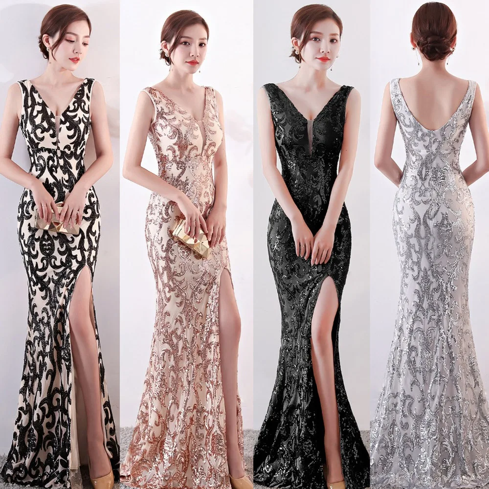 

Sexy V neck sequin maxi long party dresses Prom women split Gold Gown Robe ladies festa female Christmas formal Evening dress