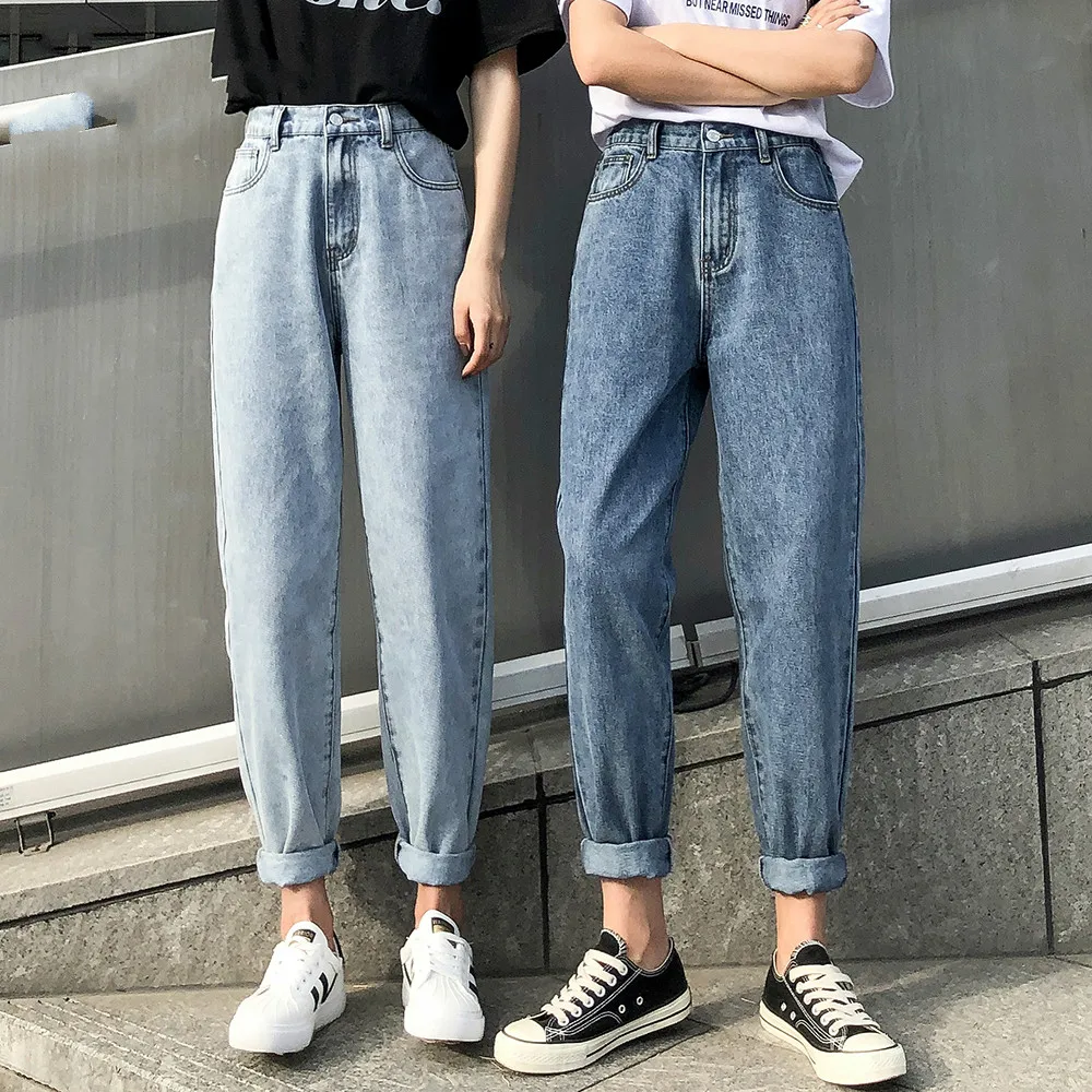 

High waist brim pants woman plus street size elastic waistband denim loose cotton breeches coated vintage-washed boyfriend