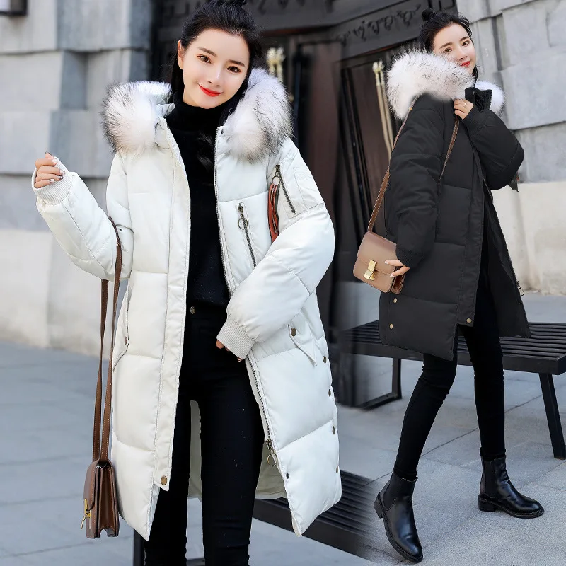 

2018 Winter New Style Korean-style Hooded Color Large Fur Collar Mid-length down Feather Cotton-padded Clothes WOMEN'S Dress Thi