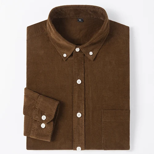Men's Cotton Casual Shirt Long Sleeve Slim Fit Button-Down Neck Autumn Spring Soft Social Leisure Corduroy Shirt - Color: DXL06