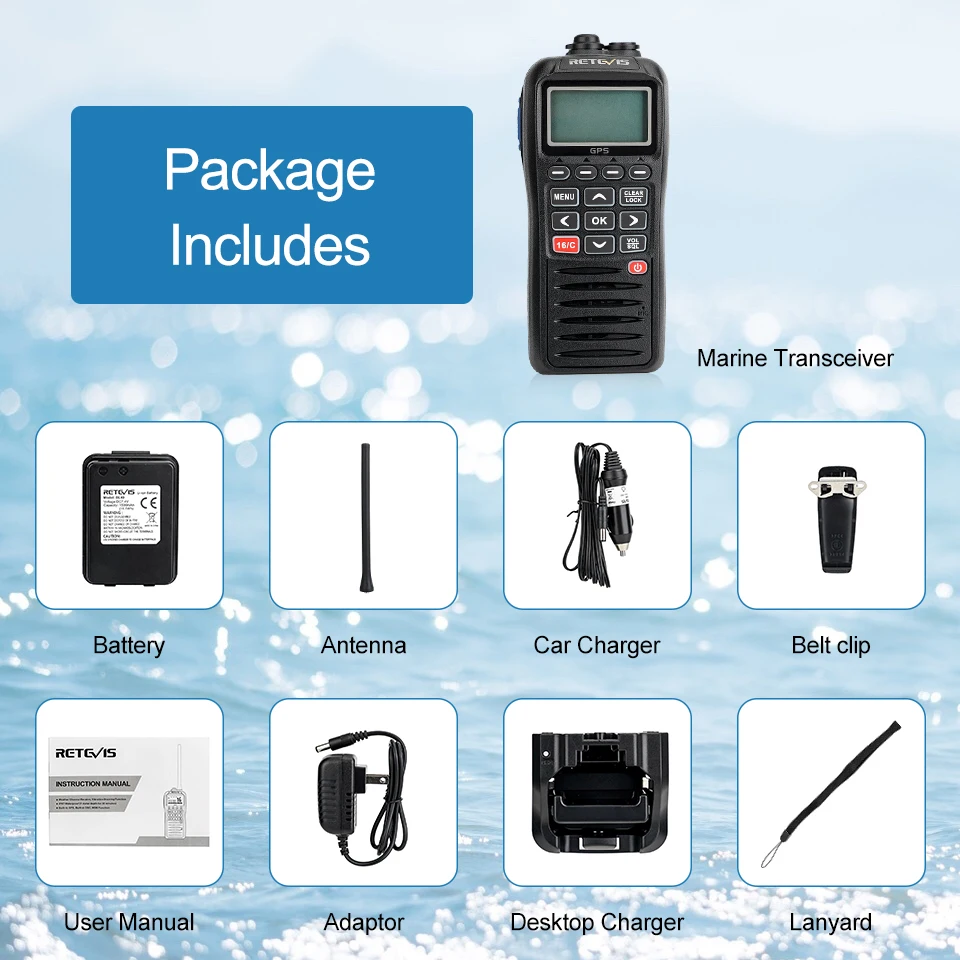 Retevis RM40 VHF Marine Radio IPX7 Waterproof Two Way Radio Communicator GPS DSC MOB Float Alarm Walkie Talkie LCD 5W Marine HT 6
