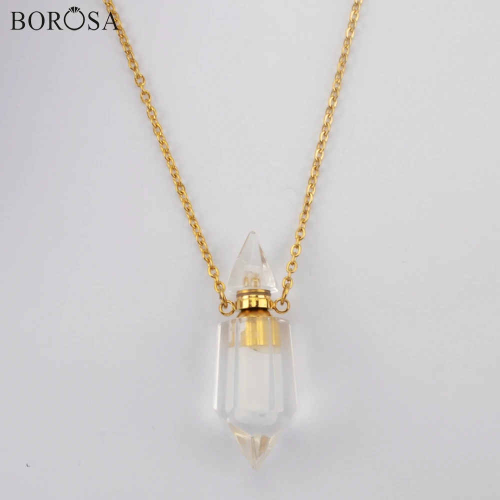 White Quartz BOROSA 26 дюймов флакон духов ожерелье из нержавеющей стали натуральный камень эфирное масло парфюм диффузор золотое ожерелье ювелирные изделия G1942-N - Окраска металла: White Quartz