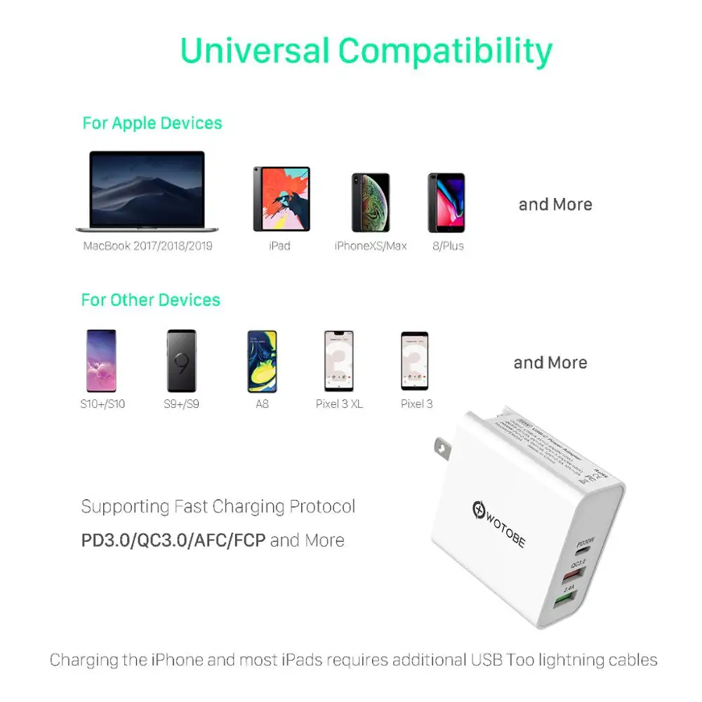60 Вт TYPE-C USB-C зарядное устройство, PD30W QC3.0 зарядное устройство для S10 USB-C ноутбуков MacBook Pro/Воздушный iPad Pro iPhone 11(и USB-C кабель