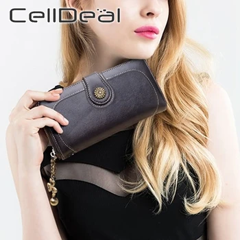 

1 Pcs Fashion Oil Leather Long Vintage Women Wallet Ladies Retro Purse Simple Phone Bags 2 Colors Solid PU Multiple Card Slots