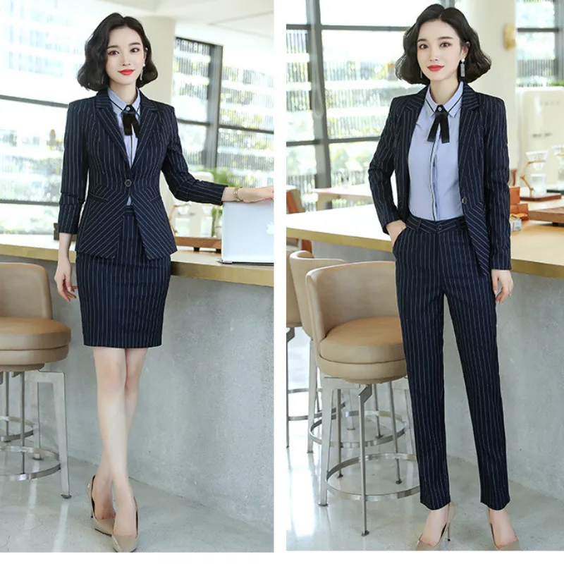 

2019 Autumn and winter new women's suit high quality Casual Slim Large Size Striped Blazer Women Trousers suit office two suits