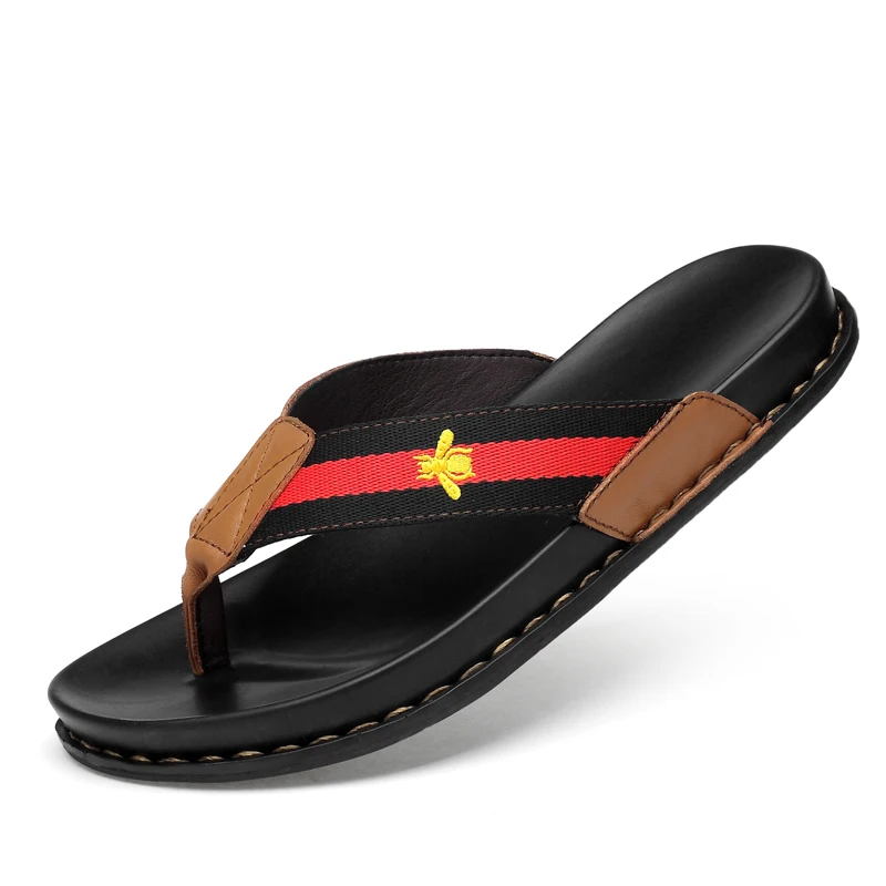 YEINSHAARS High Quality Genuine Leather Brand Slippers Men Summer Beach Sandals Designer Flip Flops Breathable Non-slip Slides - Цвет: Brown