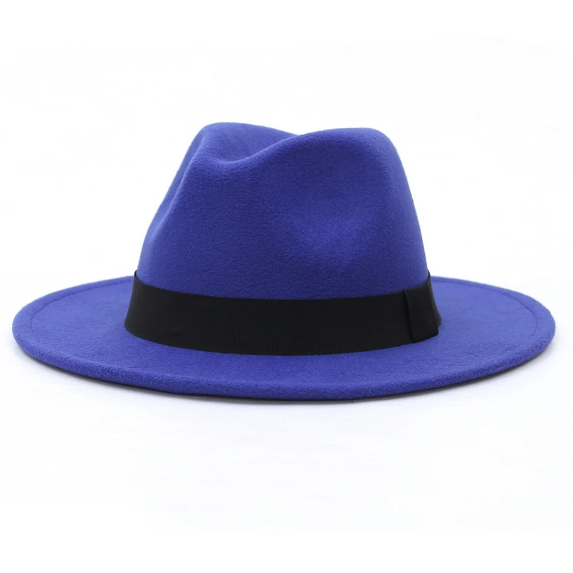 Royal blue GEMVIE, новинка, с широкими полями, белая фетровая шляпа для женщин, шерстяные фетровые шляпы для мужчин, Осень-зима, Панама, джазовая Кепка, в полоску, черная полоса - Цвет: Royal blue