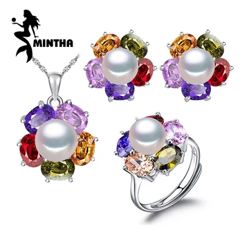 

MINTHA 925 Sterling Silver Ruby Jewelry sets Natural Pearl Earrings For Women Bohemian Colorful Flower Pendant And Ring