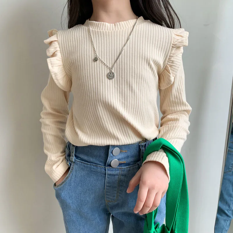 

2-8T Toddler Kid Baby Girls Clothes Autumn Ruffles T Shirt Elegant Long Sleeve Cotton tshirt Cute Sweet Pullover Top Basic Tee