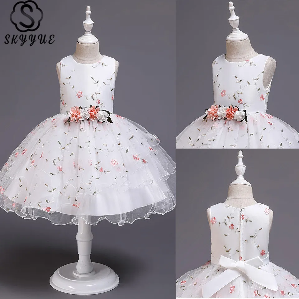 

Skyyue Girl Pageant Dress Embroidery Tank Tulle Flower Girl's Dresses for Wedding Appliquie O-Neck Communion Gowns 2019 2009