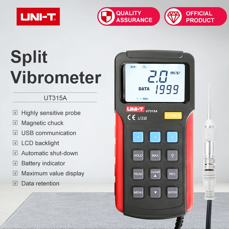 

Split vibrometer UT315A LCD Dispaly Viberation Meter Slim Probe velocity displacement Highly sensitive probe Data retention