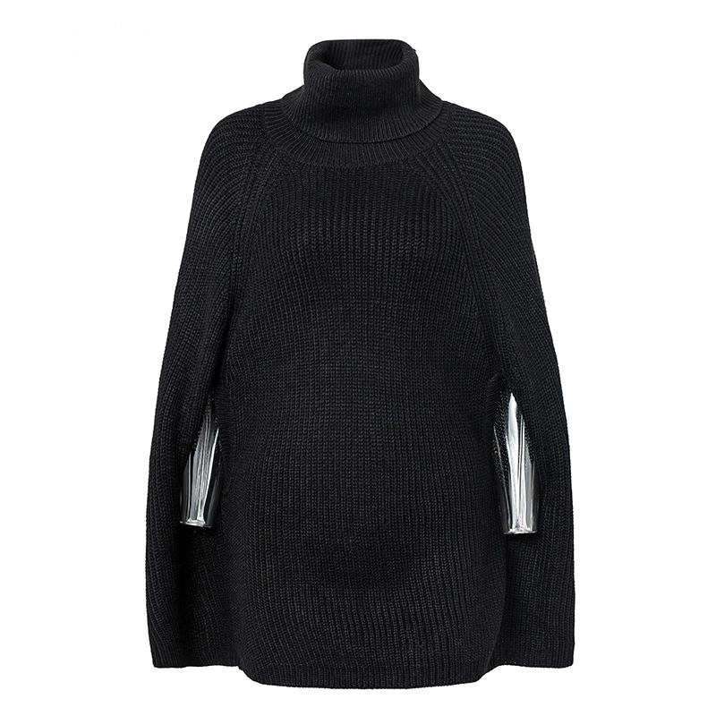 Вязаный свитер с высоким воротом большого размера, пуловер, повседневные свободные осенние свитера для женщин, черный зимний джемпер, женское пончо - Цвет: Черный