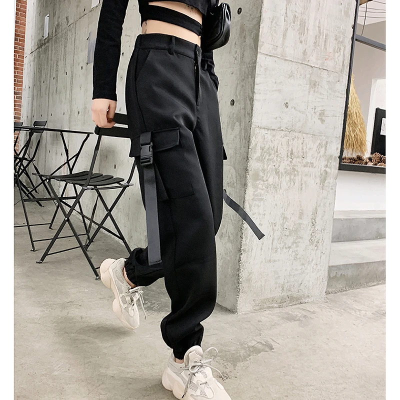 

2019 streetwear Autumn Cargo Pants women high waist big pockets trousers women plus size harajuku black pants pantalon femme