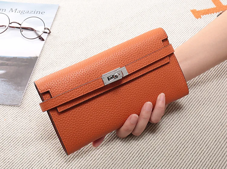 Genuine Leather Litchi Pattern Lock Purse Hasp Wallet Women Fashion Trendy High Quality Drop Shipping Multi Function Bank Card