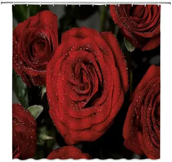 

Flowers Shower Curtain Plant Bright Red Rose Flower Waterdrop Shower Curtain Home Decor Fabric Bathroom Curtain