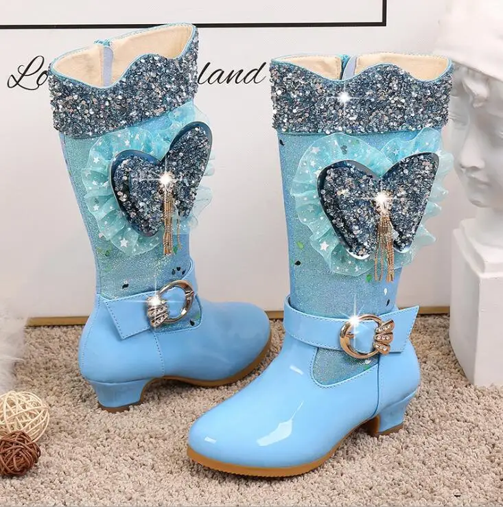 

New winter high boots girls princess high heeled children sequins snow boots kids Elsa warm cotton boots