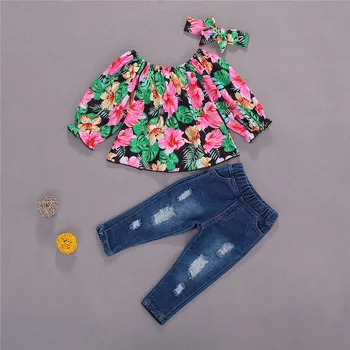 

2020 Baby Off-Shoulder Shirt Girl’s Trousers Long Sleeve Floral Clothes Pockets Elastic Waist Denim Pants 2020 fashion outfit