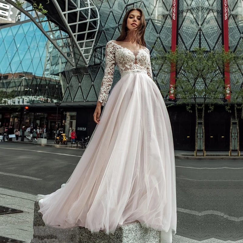 

Eightale Boho Wedding Dresses with Long Sleeves Scoop Appliques A-LineTulle Elegant Wedding Gowns See Through Back Bridal Gown