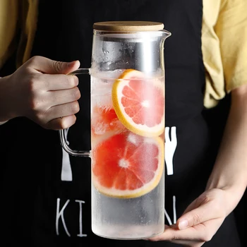 1.7L Glass Water Pitcher with Handle Bamboo Lid Heat Resisttant Cold Hot Kettle Large-capacity Tea Pitcher Water Juice Jug Cups 4