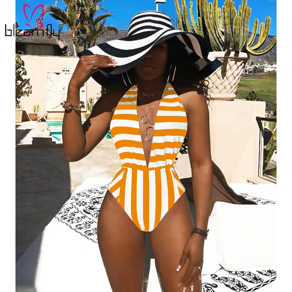 New Fashion Women Strip Sleeveless Deep V-neck Striped Beach Sexy Party Club Bodysuit Outfit