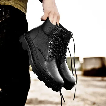 

Genuine Leather Shoes Men Tooling Martin Boots Brand Ankle High Top Lace-up Solid Boots Men Comfy Waterproof Outdoor Shoes Botas