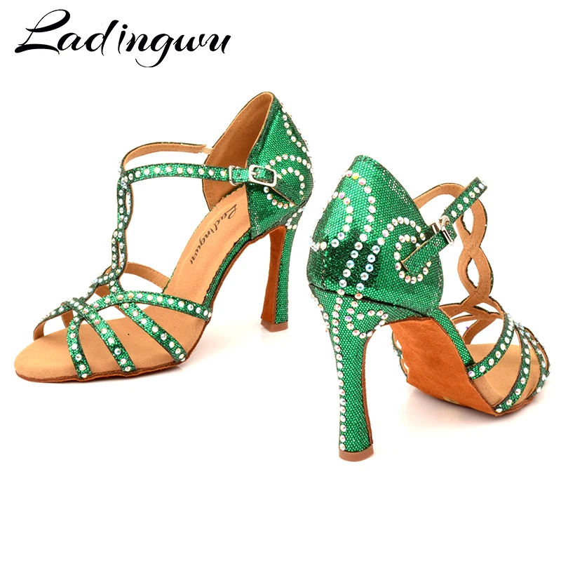 Ladingwu/Женская обувь для латиноамериканских танцев; зеленая ткань для вспышки; Танцевальная обувь; женские бальные танцы Сальса Танго; профессиональная обувь для танцев со стразами