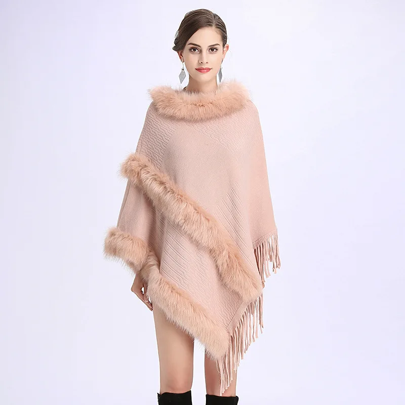 

Fashion Pullover Patchwork Fox Fur Tassel Cape Women Autumn Winter Loose Cloak Boho Poncho Capes femme hiver Shawl Sweater Coat