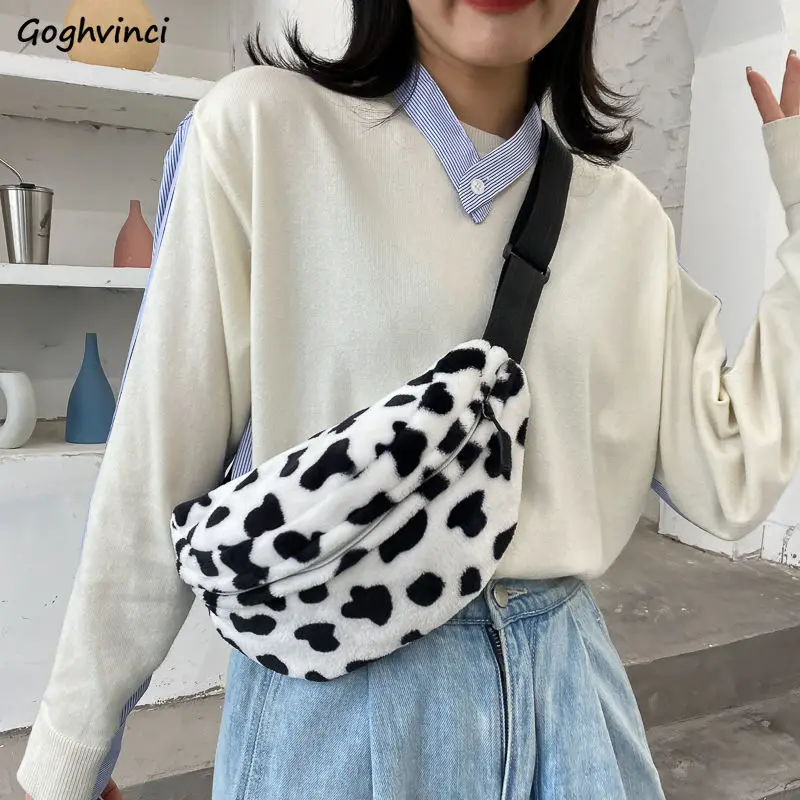 Cute Cow Pattern Winter Women Belt Bags Designer Plush Waist Packs Fanny Pack Ladies Bum Hip Bag Harajuku Causal Fashion Korean | Багаж и