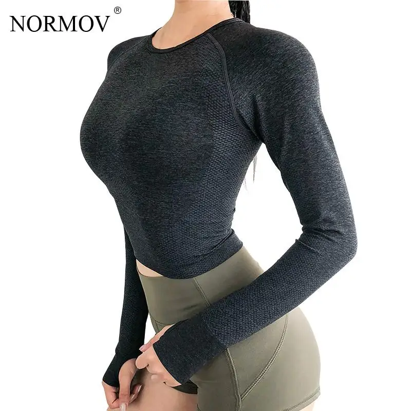NORMOV, черные топы для фитнеса, женские быстросохнущие топы для тренировок с длинным рукавом, бесшовная футболка с круглым вырезом, женские футболки