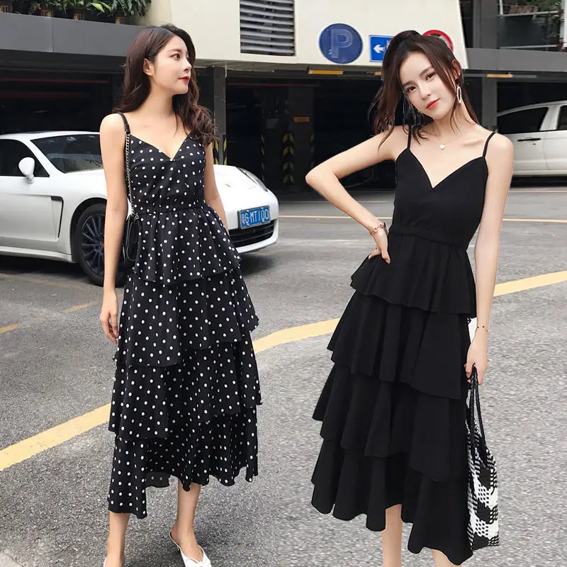 

Vintage Chiffon Summer Dress Women Sexy Strap Polka Dot Dresses Elegant Long Party Dress White Black Ruffled Beach Sundress