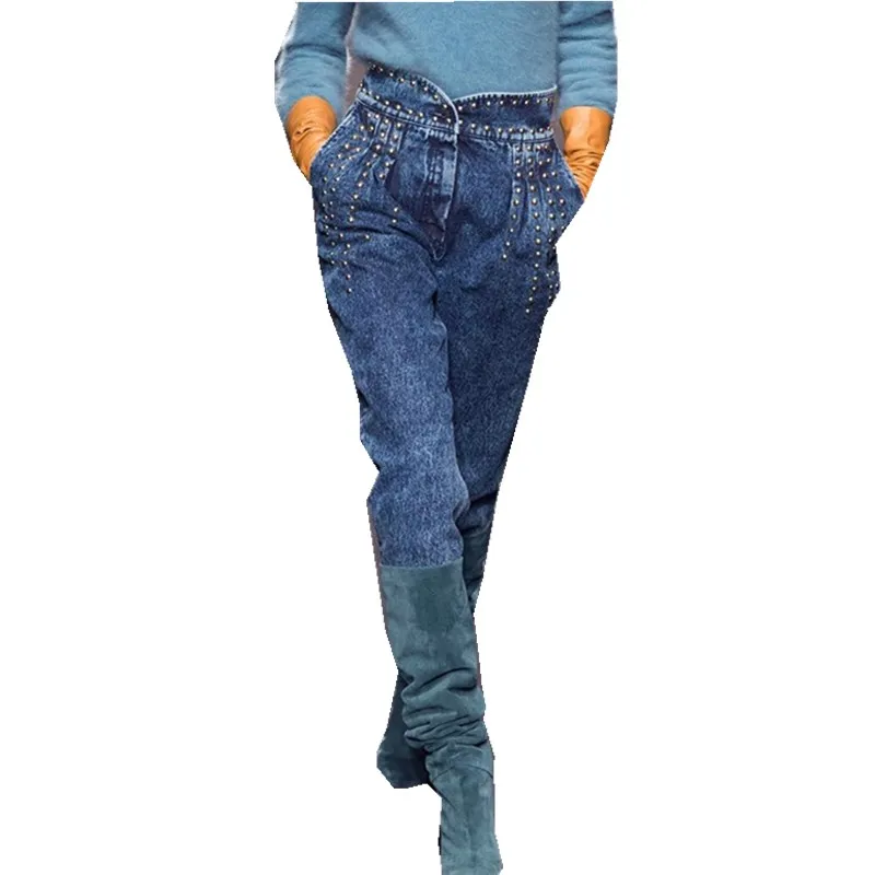 

2019 Autumn Fashion Streetwear Denim Trousers Women High Waist Patchwork Heavy Rivets Long Jeans