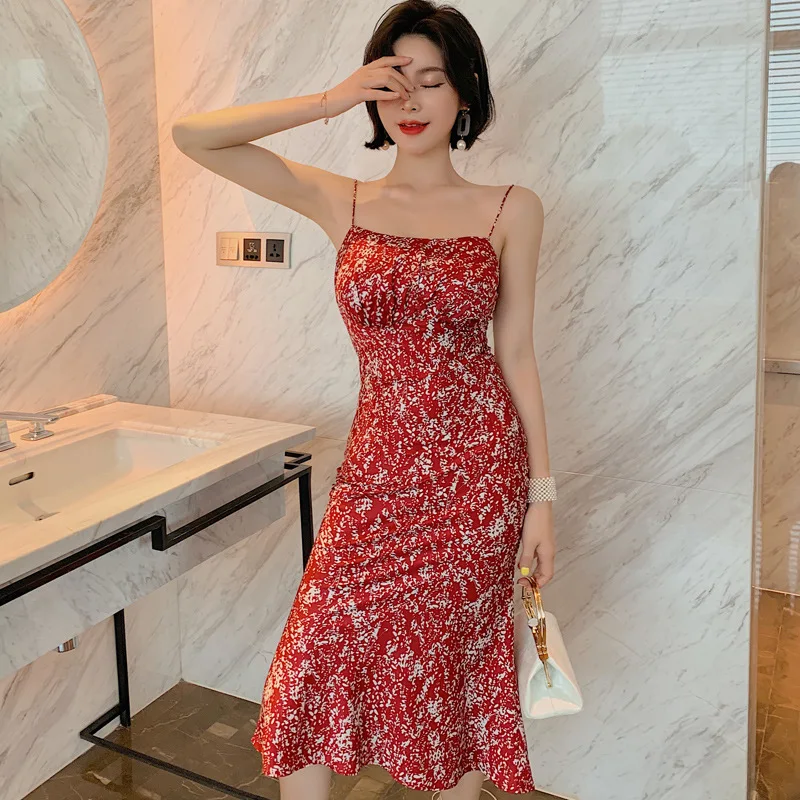 

French Style Sexy Party Dresses Women Evening Club Wear for Woman Backless Print Flower Dress Ladies Slim Red Dresses for Woman