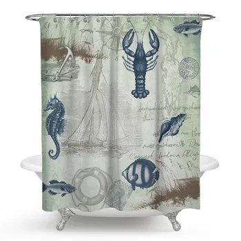 

Shower Curtain Sea Shell and Fishing Design Bathroom Waterproof Polyester Fabric Bath Curtain Hooks