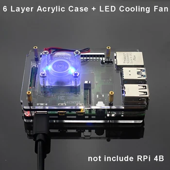 

6 Layer Acrylic Case Raspberry Pi 4B Transparent Shell with Bule LED Cooling Fan for Raspberry Pi 4 Model B