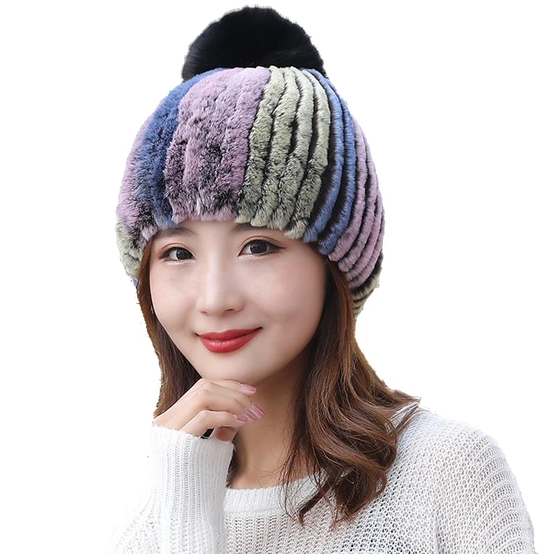 Style 8 Настоящий мех кролика шапки для женщин зимние теплые Skullies Beanie шапка с лисьим меховым помпоном - Цвет: Style 8