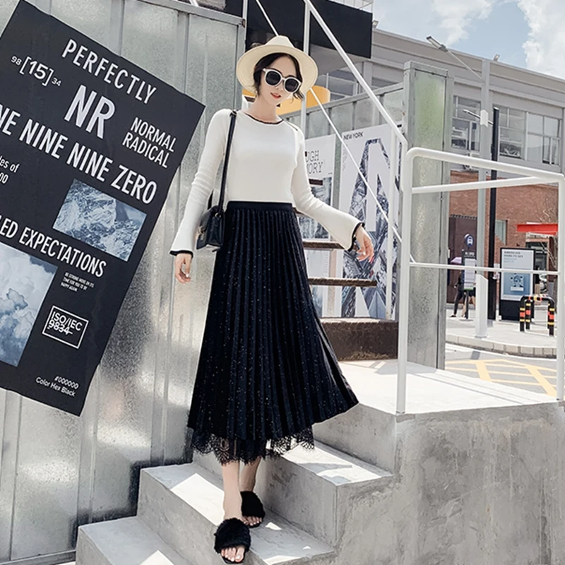 Velvet Skirt Women Autumn Winter Shiny Pleated Party Mesh Lace Skirt Elastic High Waist Patchwork Midi Long Skirt Korea