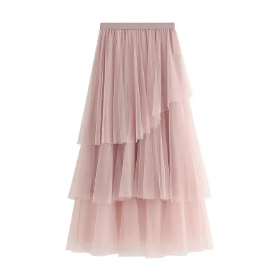 Асимметричная Тюлевая юбка Осенняя Корейская Милая многослойная сетчатая юбка женская серая зеленая розовая черная длинная юбка