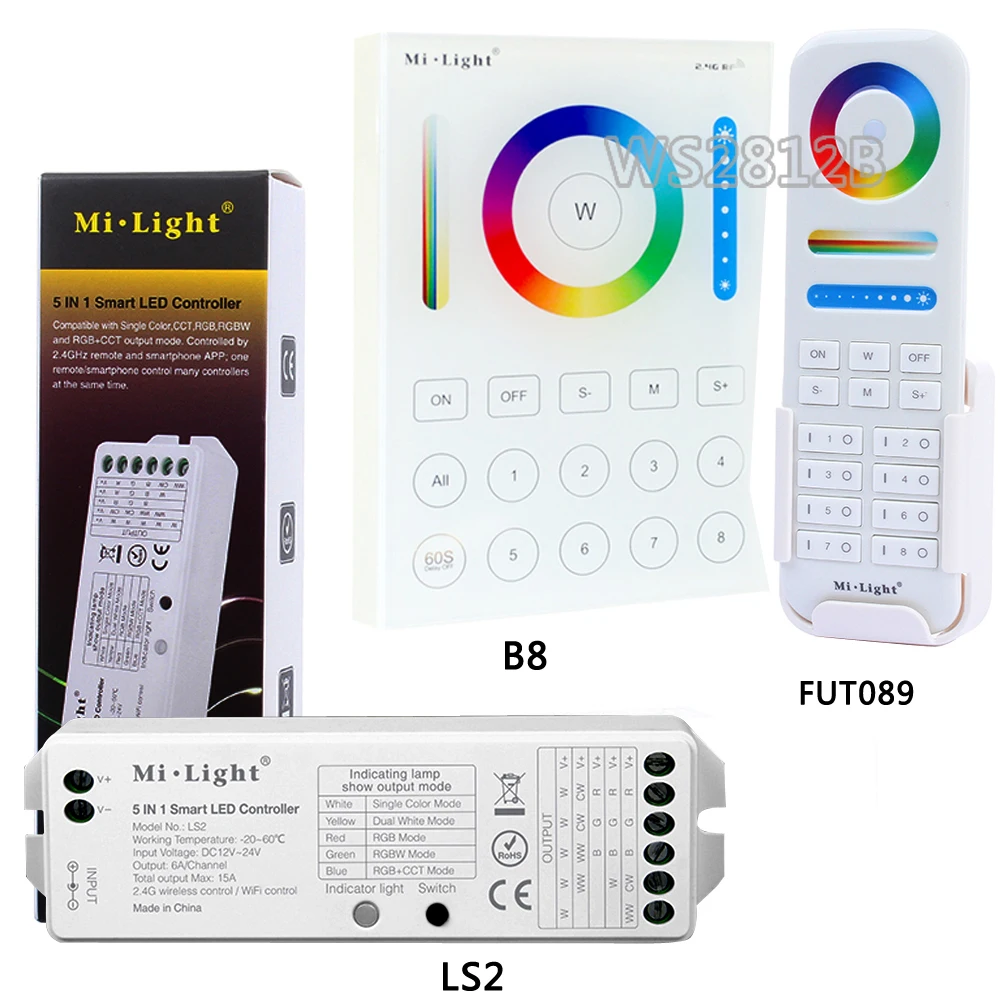 

MiLight LS2 5IN 1smart led controller; 8 Zone 2.4G wireless FUT089 remote;B8 Wall-mounted Touch Panel for RGB+CCT led strip